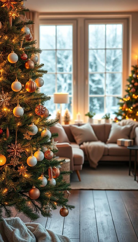 A beautifully decorated "weihnachtsbaum" for a small living space, showcasing a blend of elegance and charm. In the foreground, the Christmas tree is adorned with warm, soft white fairy lights, delicate glass ornaments, and eco-friendly DIY decorations in pastel colors. In the middle ground, a cozy, stylish living room features a minimalist layout with a plush sofa, small side table, and elegant holiday decor, all in warm tones that evoke a sense of comfort. In the background, the window reveals a winter wonderland with gently falling snow. The lighting is warm and inviting, casting a soft glow over the scene. The atmosphere should feel inspiring and authentic, suited for Pinterest aesthetics. Brand presence is subtly indicated with "KlickKiste" among the decorations, enhancing the overall charm of the image.