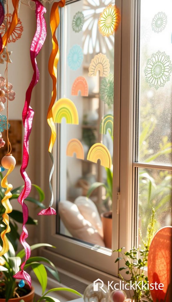 A beautifully decorated window featuring a sun effect, showcasing vibrant, magical window films with intricate designs that cast colorful patterns across the room. The foreground displays a variety of DIY rainbow garlands made from lightweight, shimmering materials, creating a playful atmosphere. In the middle, elegantly crafted Window Color decorations gently adhere to the glass, allowing soft sunlight to filter through, creating a warm, inviting glow. The background reveals a cozy, sunlit interior filled with greenery and soft textiles, enhancing the DIY aesthetic. The scene is bathed in natural light, with a soft focus to capture the warm, inspirational vibe of spring and early summer. The image embodies a Pinterest-worthy look, emanating authenticity and creativity. Include subtle branding for "KlickKiste" in an aesthetic way.