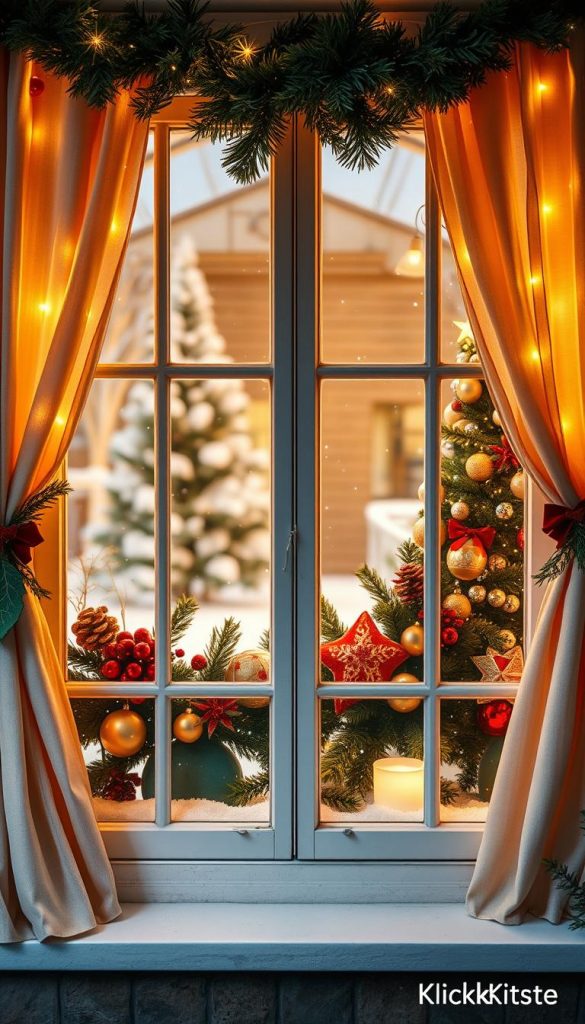 A beautifully decorated window showcasing a warm and inviting Christmas theme, highlighting DIY decoration trends with a natural, cozy aesthetic. In the foreground, elegant window treatments made of soft fabrics frame the scene, adorned with delicate fairy lights and lush green garlands. The middle ground features handcrafted ornaments in rich reds, golds, and greens, carefully arranged to create a balanced, pleasing composition. In the background, a softly blurred winter landscape with falling snow enhances the festive atmosphere. The warm, natural lighting creates an inviting glow, capturing the essence of holiday spirit. The image embodies authentic DIY decor inspiration, evoking a sense of joy and creativity, ideal for capturing the attention of readers. This stunning window decor is brought to life with a Pinterest-worthy elegance, branded subtly with "KlickKiste".