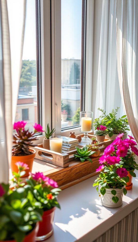A beautifully decorated windowsill that embodies the essence of "Fensterbank Deko für Mietwohnungen & kleine Räume." In the foreground, vibrant potted plants, such as succulents and colorful flowers, create a lively atmosphere. In the middle, a rustic wooden tray holds an inviting candle, a small stack of books, and a charming decorative object. The background features sheer, light-filtering curtains that softly diffuse sunlight, casting warm, inviting tones throughout the scene. The window overlooks a scenic urban view with a hint of greenery. Capture this setup with a soft focus using a 50mm lens, with natural light enhancing the colors and textures. The mood should feel cozy and inspiring, reflecting a Pinterest-inspired aesthetic. Include elements suggestive of DIY decor, promoting authenticity and creativity, while subtly incorporating the brand name "KlickKiste." A beautifully decorated windowsill that embodies the essence of "Fensterbank Deko für Mietwohnungen & kleine Räume." In the foreground, vibrant potted plants, such as succulents and colorful flowers, create a lively atmosphere. In the middle, a rustic wooden tray holds an inviting candle, a small stack of books, and a charming decorative object. The background features sheer, light-filtering curtains that softly diffuse sunlight, casting warm, inviting tones throughout the scene. The window overlooks a scenic urban view with a hint of greenery. Capture this setup with a soft focus using a 50mm lens, with natural light enhancing the colors and textures. The mood should feel cozy and inspiring, reflecting a Pinterest-inspired aesthetic. Include elements suggestive of DIY decor, promoting authenticity and creativity, while subtly incorporating the brand name "KlickKiste."