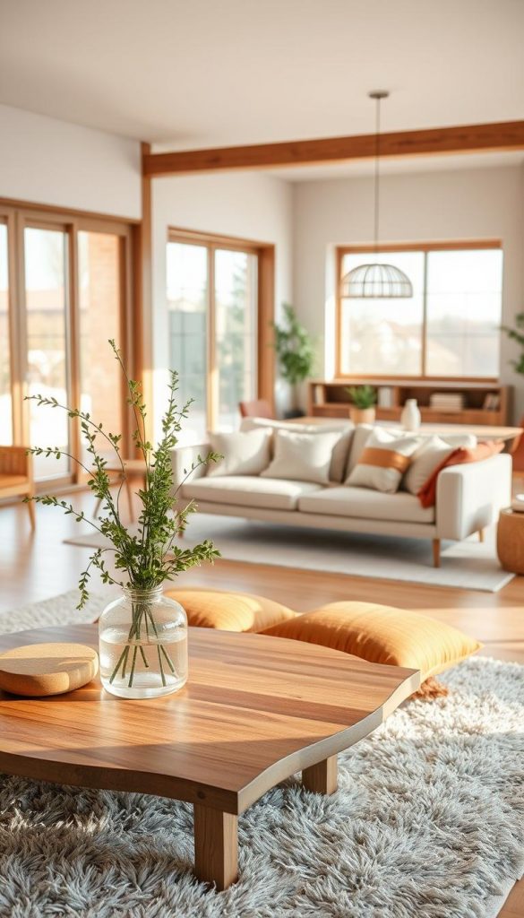 A beautifully designed Japandi-style living room, featuring a harmonious blend of natural materials and minimalistic decor. In the foreground, a low wooden coffee table with a vase of fresh greenery and warm-toned cushions on a plush rug. The middle ground showcases a sleek, minimalist sofa with neutral upholstery, accented by soft lighting from stylish pendant lamps. The background reveals an open space with large windows, allowing gentle, natural light to flood in, illuminating the serene atmosphere. The color palette combines soft earth tones with subtle pops of green and wood textures, creating an inviting and tranquil environment. The overall mood is warm and inspiring, perfect for DIY enthusiasts seeking to enhance their interior design. Include the brand name "KlickKiste" subtly in the decor elements.