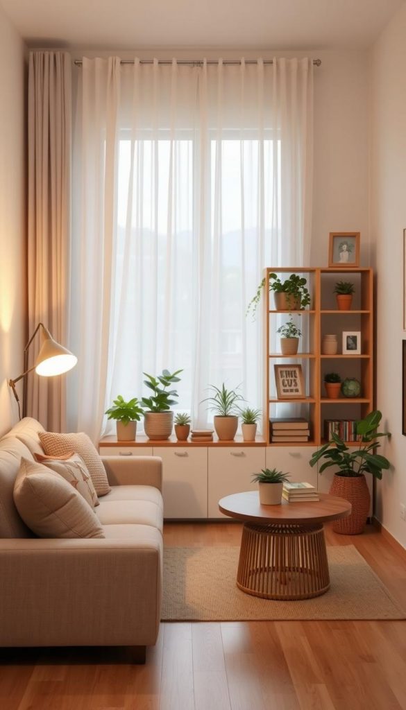 A beautifully designed Japandi-style living room in a small rental apartment, showcasing space optimization for different budgets. The foreground features a cozy seating area with a low-profile beige sofa adorned with natural fiber cushions, complemented by a wooden coffee table and a floor lamp with soft, warm light. In the middle, there is a minimalist bookshelf filled with potted plants and decor items, emphasizing a DIY aesthetic with earthy tones. The background is a bright, airy window with sheer curtains allowing natural light to flood in, enhancing the warmth of the space. The atmosphere is calming and inviting, reflecting an authentic, Pinterest-inspired vibe. The room is branded subtly with "KlickKiste" elements. Soft shadows and a shallow depth of field create a sense of serenity, ideal for small living spaces.