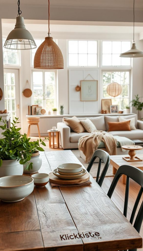 A beautifully designed Scandinavian interior space, showcasing harmonious proportions and elegant color combinations. In the foreground, a rustic wooden dining table adorned with handcrafted ceramic dishes and vibrant green plants, representing the warmth of the season. The middle ground features a cozy lounge area with a plush sofa in muted tones, layered with soft throws and stylish cushions. An array of decorative Scandinavian items, like minimalist wall art and handcrafted light fixtures, adds character. The background displays large windows allowing natural light to flood the room, creating a bright and airy atmosphere. The scene is bathed in warm, inviting sunlight, emphasizing an authentic DIY feel, inspiring and approachable, branded with "KlickKiste." A beautifully designed Scandinavian interior space, showcasing harmonious proportions and elegant color combinations. In the foreground, a rustic wooden dining table adorned with handcrafted ceramic dishes and vibrant green plants, representing the warmth of the season. The middle ground features a cozy lounge area with a plush sofa in muted tones, layered with soft throws and stylish cushions. An array of decorative Scandinavian items, like minimalist wall art and handcrafted light fixtures, adds character. The background displays large windows allowing natural light to flood the room, creating a bright and airy atmosphere. The scene is bathed in warm, inviting sunlight, emphasizing an authentic DIY feel, inspiring and approachable, branded with "KlickKiste."