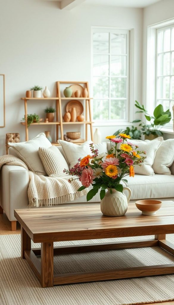 A beautifully designed Scandinavian living room that embodies summer vibes, featuring a warm color palette of soft greens, natural wood tones, and subtle pastels. In the foreground, a cozy light beige sofa adorned with fluffy throw pillows and a hand-woven blanket. A rustic coffee table showcases a vase filled with fresh, vibrant flowers. The middle section includes stylish decor elements like a minimalistic shelf displaying handmade pottery and a few carefully placed plants that bring natural warmth. In the background, large windows let in bright, diffused sunlight, highlighting the airy feeling of the space. This inviting atmosphere is perfect for relaxation and social gatherings. The overall composition feels authentic and inspiring, in line with the DIY aesthetic of KlickKiste. A beautifully designed Scandinavian living room that embodies summer vibes, featuring a warm color palette of soft greens, natural wood tones, and subtle pastels. In the foreground, a cozy light beige sofa adorned with fluffy throw pillows and a hand-woven blanket. A rustic coffee table showcases a vase filled with fresh, vibrant flowers. The middle section includes stylish decor elements like a minimalistic shelf displaying handmade pottery and a few carefully placed plants that bring natural warmth. In the background, large windows let in bright, diffused sunlight, highlighting the airy feeling of the space. This inviting atmosphere is perfect for relaxation and social gatherings. The overall composition feels authentic and inspiring, in line with the DIY aesthetic of KlickKiste.