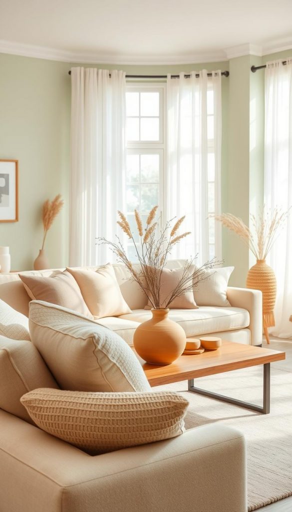 A beautifully designed airy living room showcasing a harmonious "ton-in-ton" color scheme inspired by natural DIY aesthetics. The foreground features a cozy, light beige sofa adorned with soft, textured cushions in varying shades of beige and cream. In the middle, a sleek wooden coffee table holds subtle decor items like a clay vase filled with dried flowers in muted earth tones. The background showcases soft, light green walls that enhance the room's spacious feel, illuminated by gentle, warm sunlight streaming through large windows adorned with sheer white curtains. The atmosphere exudes calmness and inspiration, perfect for relaxing or social gatherings. The decor includes tasteful art pieces in complementary colors. The overall mood is inviting and fresh, reflecting the brand "KlickKiste."