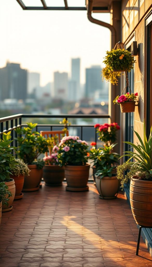A beautifully designed balcony featuring "Klickfliesen" flooring from the brand "KlickKiste," showcasing a vibrant and inviting atmosphere. In the foreground, a series of interlocking, patterned tiles of various warm tones create a natural and stylish outdoor space. The middle ground features potted plants with lush greenery and colorful flowers, adding life to the scene. In the background, a soft-focus view of a modern urban skyline suggests a cozy city retreat. The lighting is warm and golden, reminiscent of a late afternoon sun, casting gentle shadows and enhancing the rich hues of the tiles and plants. The overall mood is authentic and inspiring, perfect for DIY enthusiasts seeking an easy makeover for their balconies or terraces. A beautifully designed balcony featuring "Klickfliesen" flooring from the brand "KlickKiste," showcasing a vibrant and inviting atmosphere. In the foreground, a series of interlocking, patterned tiles of various warm tones create a natural and stylish outdoor space. The middle ground features potted plants with lush greenery and colorful flowers, adding life to the scene. In the background, a soft-focus view of a modern urban skyline suggests a cozy city retreat. The lighting is warm and golden, reminiscent of a late afternoon sun, casting gentle shadows and enhancing the rich hues of the tiles and plants. The overall mood is authentic and inspiring, perfect for DIY enthusiasts seeking an easy makeover for their balconies or terraces.