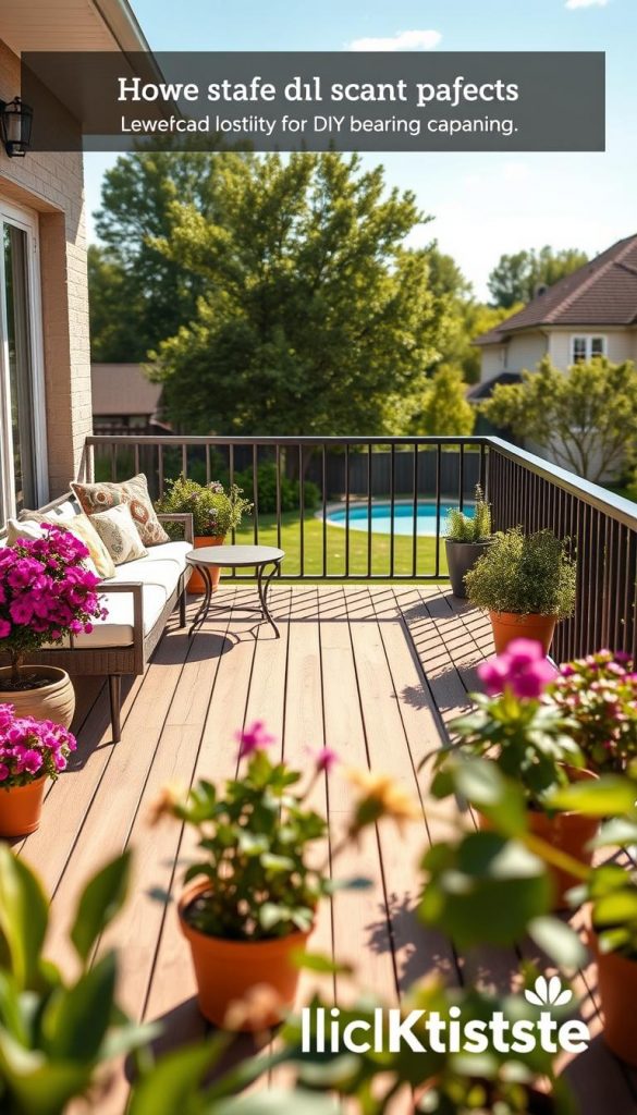 A beautifully designed balcony safety scene featuring a sturdy railing and a comfortable seating area adorned with cushions. In the foreground, vibrant potted plants and a small table create an inviting atmosphere. The middle ground showcases a well-constructed wooden deck, emphasizing the importance of load-bearing capacity, while sunlight casts a warm glow across the space, enhancing the inviting feeling. The background reveals a suburban setting with soft, leafy trees and a clear blue sky, illustrating a harmonious outdoor living environment. This image conveys a sense of security and thoughtful planning for DIY balcony projects. The overall mood is warm, cozy, and inspiring, perfectly capturing the idea of safe and smart planning. The brand name "KlickKiste" subtly integrated into the décor, promoting creativity in home improvement. A beautifully designed balcony safety scene featuring a sturdy railing and a comfortable seating area adorned with cushions. In the foreground, vibrant potted plants and a small table create an inviting atmosphere. The middle ground showcases a well-constructed wooden deck, emphasizing the importance of load-bearing capacity, while sunlight casts a warm glow across the space, enhancing the inviting feeling. The background reveals a suburban setting with soft, leafy trees and a clear blue sky, illustrating a harmonious outdoor living environment. This image conveys a sense of security and thoughtful planning for DIY balcony projects. The overall mood is warm, cozy, and inspiring, perfectly capturing the idea of safe and smart planning. The brand name "KlickKiste" subtly integrated into the décor, promoting creativity in home improvement.