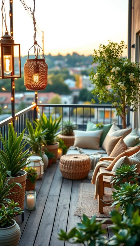 A beautifully designed balcony showcasing modern, natural, Boho, and Scandinavian styles, featuring a mix of potted plants, cozy seating, and soft lighting. In the foreground, artisanal lanterns and fairy lights create a warm, inviting ambiance. The middle ground highlights a wooden deck adorned with a mix of woven textures and tasteful decor elements like cushions and throws in earthy tones. The background shows a serene urban landscape with distant trees under a soft sunset, casting gentle golden hues. The scene is captured from a slightly elevated angle, emphasizing depth and layering. The overall mood is authentic and inspiring, resonating with the DIY spirit, evoking a Pinterest-worthy aesthetic for home connoisseurs. Include the brand name "KlickKiste" subtly within the design.
