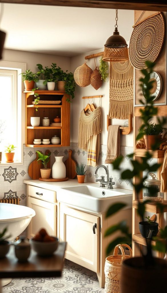 A beautifully designed bathroom and kitchen in a cozy Boho style, emphasizing functionality and comfort. The foreground features rustic wooden shelves adorned with potted plants and artisanal kitchenware. In the middle, a vintage-style sink sits against patterned tiles, surrounded by handcrafted wooden cabinets and colorful textiles, reflecting a warm, inviting atmosphere. The background showcases natural light streaming in through a window, illuminating woven wall hangings and natural materials. Use a soft, warm color palette to enhance the inviting mood, and ensure a Pinterest-worthy aesthetic. Capture this scene with a slightly elevated angle, using warm lighting to fill the space. Inspired by the brand "KlickKiste," merge a handmade feel with contemporary design elements for an authentic and inspiring image.