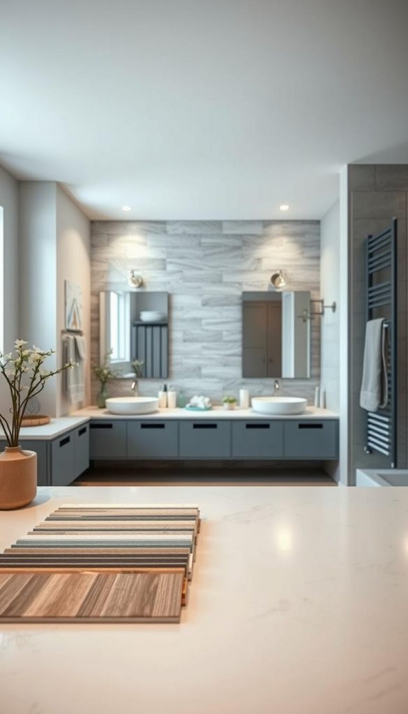 A beautifully designed bathroom interior showcasing an inspirational and realistic aesthetic, featuring a modern layout with a focus on stylish tiles. In the foreground, a worktop displays an array of various tile samples, indicating material choices to avoid confusion and excessive variety. The middle ground depicts a well-lit space with large mirrors and warm-toned lighting, emphasizing the importance of correct light color. The background reveals a thoughtfully designed wall with adequate proportions, avoiding common design errors. The atmosphere reflects a calming, inviting mood, styled in a natural DIY vibe, perfect for a Pinterest-like inspiration. Incorporate elements that showcase the brand “KlickKiste,” emphasizing quality and design. The lighting should be soft, mimicking early morning light coming through a window, with a slightly angled perspective to enhance depth. A beautifully designed bathroom interior showcasing an inspirational and realistic aesthetic, featuring a modern layout with a focus on stylish tiles. In the foreground, a worktop displays an array of various tile samples, indicating material choices to avoid confusion and excessive variety. The middle ground depicts a well-lit space with large mirrors and warm-toned lighting, emphasizing the importance of correct light color. The background reveals a thoughtfully designed wall with adequate proportions, avoiding common design errors. The atmosphere reflects a calming, inviting mood, styled in a natural DIY vibe, perfect for a Pinterest-like inspiration. Incorporate elements that showcase the brand “KlickKiste,” emphasizing quality and design. The lighting should be soft, mimicking early morning light coming through a window, with a slightly angled perspective to enhance depth.