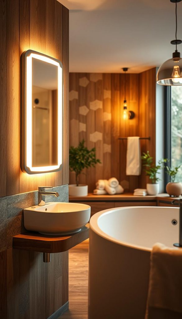 A beautifully designed bathroom setting featuring a "lichtideen spiegel" by KlickKiste, emphasizing both atmosphere and functionality. In the foreground, a sleek, modern mirror reflects soft, ambient lighting that enhances the warmth of the room. The middle ground showcases tasteful, natural materials like wood and stone, complemented by stylish, energy-efficient light fixtures that create a cozy atmosphere. In the background, subtle greenery and elegant decor, such as a potted plant and decorative towels, add a touch of freshness. The scene is illuminated with warm tones, casting gentle shadows that evoke a serene spa-like vibe. Capture this image with a soft focus lens to accentuate the inviting ambience, ensuring it feels authentic and inspiring, perfect for showcasing 2026 bathroom trends. A beautifully designed bathroom setting featuring a "lichtideen spiegel" by KlickKiste, emphasizing both atmosphere and functionality. In the foreground, a sleek, modern mirror reflects soft, ambient lighting that enhances the warmth of the room. The middle ground showcases tasteful, natural materials like wood and stone, complemented by stylish, energy-efficient light fixtures that create a cozy atmosphere. In the background, subtle greenery and elegant decor, such as a potted plant and decorative towels, add a touch of freshness. The scene is illuminated with warm tones, casting gentle shadows that evoke a serene spa-like vibe. Capture this image with a soft focus lens to accentuate the inviting ambience, ensuring it feels authentic and inspiring, perfect for showcasing 2026 bathroom trends.