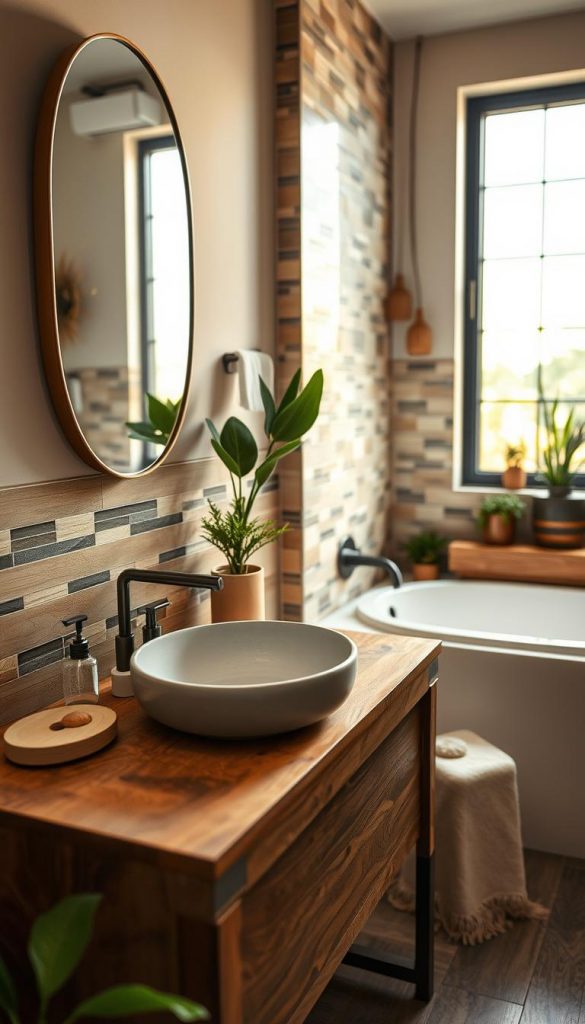 A beautifully designed bathroom setting that exemplifies common mistakes to avoid in decor, specifically focusing on color combinations, style clashes, and moisture-related issues. In the foreground, showcase a stylish sink with natural materials, like wood and stone, paired with an elegant mirror. The middle layer features contrasting tiles on the wall, highlighting poor color choices, alongside plants to add a touch of nature. The background reveals hints of inappropriate decor elements that clash with the overall aesthetic. Soft, warm lighting creates a cozy atmosphere, enhancing the natural color palette. Capture this scene with a slight angle to emphasize depth and dimension. The overall mood should be authentic and inspiring, reminiscent of a Pinterest-style DIY image, branded subtly with "KlickKiste" elements integrated into the decor.