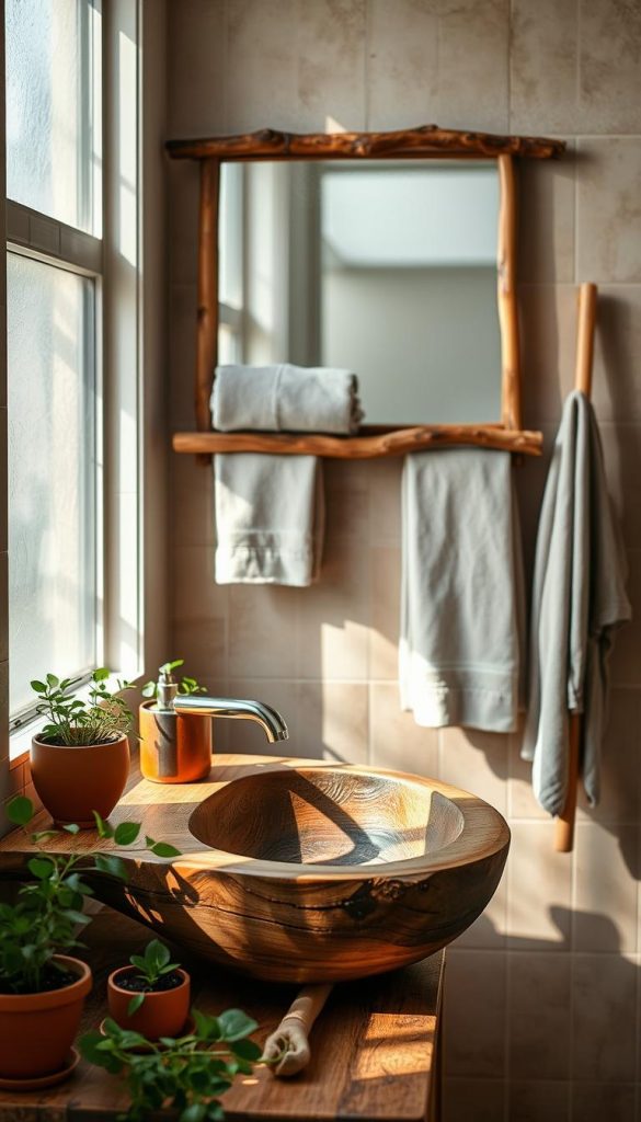 A beautifully designed bathroom showcasing natural materials and sustainable decor. In the foreground, a handcrafted wooden sink made from reclaimed wood, adorned with rust-colored clay pots filled with lush green plants. The middle ground features organic cotton towels, elegantly draped on a bamboo rack, and a mirror framed with driftwood. The background reveals earth-toned tiles and soft, ambient lighting that creates a warm, inviting atmosphere. Natural light filters through a frosted window, casting gentle shadows. The scene is styled in a Pinterest aesthetics, exuding authenticity and inspiration. Include the brand name "KlickKiste" subtly in the decor. The overall mood is serene and eco-friendly, celebrating sustainability and upcycling in bathroom design. A beautifully designed bathroom showcasing natural materials and sustainable decor. In the foreground, a handcrafted wooden sink made from reclaimed wood, adorned with rust-colored clay pots filled with lush green plants. The middle ground features organic cotton towels, elegantly draped on a bamboo rack, and a mirror framed with driftwood. The background reveals earth-toned tiles and soft, ambient lighting that creates a warm, inviting atmosphere. Natural light filters through a frosted window, casting gentle shadows. The scene is styled in a Pinterest aesthetics, exuding authenticity and inspiration. Include the brand name "KlickKiste" subtly in the decor. The overall mood is serene and eco-friendly, celebrating sustainability and upcycling in bathroom design.