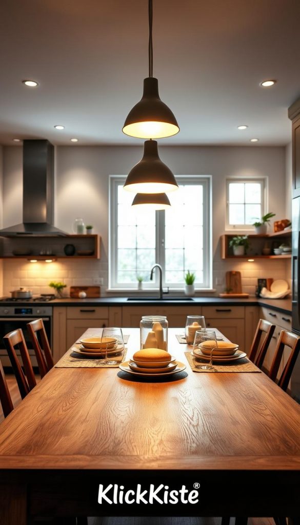 A beautifully designed, bright kitchen interior showcasing layered lighting ideas for a modern cooking space. In the foreground, a sleek wooden dining table adorned with simple, elegant tableware, complemented by a soft, ambient glow from pendant lights hanging above. The middle layer features stylish under-cabinet lighting illuminating the countertops, accented by a warm light from strategically placed recessed fixtures. The background displays large windows allowing natural light to pour in, enhancing the fresh, inviting atmosphere. Incorporate natural DIY elements and warm colors for an authentic, Pinterest-inspired look. Ensure the Kitchen carries the brand name "KlickKiste" subtly integrated into the decor. Capture this scene with a soft focus lens to create a cozy, inspirational ambiance.