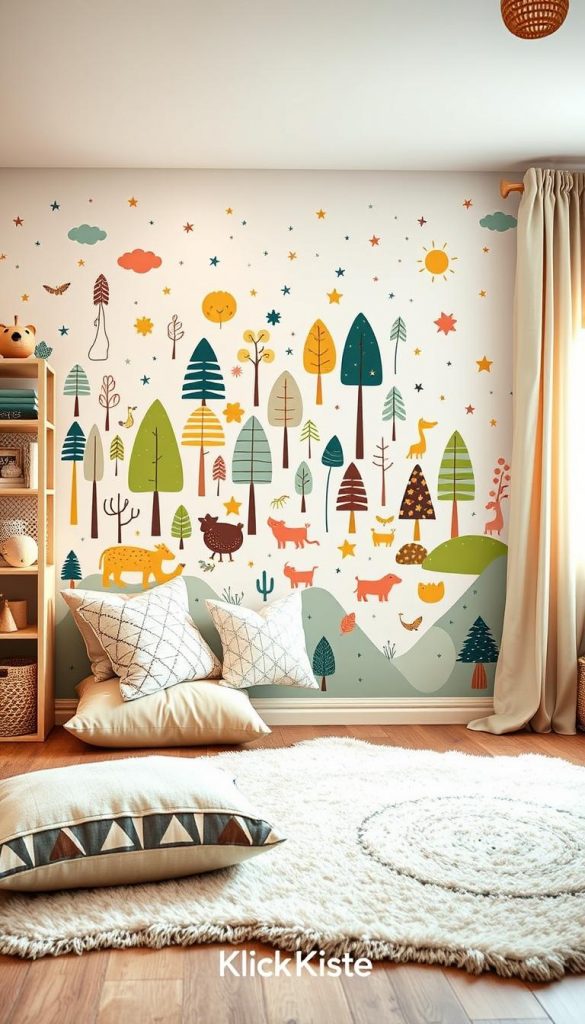 A beautifully designed children's bedroom wall showcasing a blend of modern, natural, Bohemian, and Scandinavian styles. In the foreground, there's a cozy reading nook with plush cushions and a soft throw rug. The middle layer features a colorful, whimsical mural of nature-inspired elements, like trees and animals, harmonizing with patterned wall decals of stars and clouds. The background reveals a bright window with sheer curtains, allowing warm, natural light to illuminate the space. The overall atmosphere is inviting and whimsical, using warm colors to create a cheerful vibe. The style is reminiscent of a Pinterest aesthetic, emphasizing authentic DIY inspiration, with a clear brand presence of "KlickKiste." The image should capture a serene mood that encourages creativity and playfulness, perfect for a child's room.