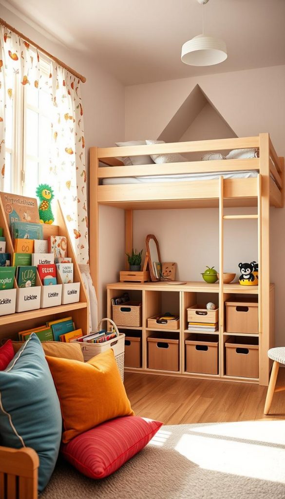 A beautifully designed children's room featuring efficient storage solutions. In the foreground, a cozy reading nook adorned with colorful cushions, and a wooden bookshelf filled with bright children's books and decorative boxes labeled "KlickKiste". In the middle, a well-organized play area with open storage bins and an inviting loft bed, creating additional space underneath for toys and creative play. The background shows soft, natural light streaming through a window adorned with playful curtains, casting a warm glow throughout the room. The overall atmosphere is cheerful and inviting, embodying a Pinterest-inspired aesthetic with vibrant colors and authentic decor that promotes order and creativity for families. A beautifully designed children's room featuring efficient storage solutions. In the foreground, a cozy reading nook adorned with colorful cushions, and a wooden bookshelf filled with bright children's books and decorative boxes labeled "KlickKiste". In the middle, a well-organized play area with open storage bins and an inviting loft bed, creating additional space underneath for toys and creative play. The background shows soft, natural light streaming through a window adorned with playful curtains, casting a warm glow throughout the room. The overall atmosphere is cheerful and inviting, embodying a Pinterest-inspired aesthetic with vibrant colors and authentic decor that promotes order and creativity for families.