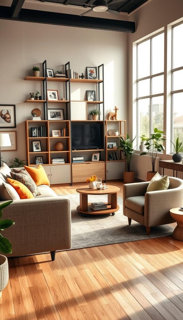A beautifully designed family-friendly living room that emphasizes flexibility and comfort. In the foreground, a cozy yet stylish sofa and a modular armchair with vibrant cushions, suitable for various seating arrangements. In the middle, a practical, rolling coffee table that can easily shift to accommodate different activities. The wall behind features a contemporary bookshelf filled with family photos and decor, adding a personal touch. Soft, warm lighting filters through large windows, creating an inviting atmosphere. The room is adorned with plants and art, enhancing the Pinterest-inspired aesthetic. The overall mood is inspiring and authentic, showcasing modern furniture by KlickKiste that invites a sense of togetherness and adaptability. The composition captures a wide-angle view, highlighting the spaciousness and functionality of the living area. A beautifully designed family-friendly living room that emphasizes flexibility and comfort. In the foreground, a cozy yet stylish sofa and a modular armchair with vibrant cushions, suitable for various seating arrangements. In the middle, a practical, rolling coffee table that can easily shift to accommodate different activities. The wall behind features a contemporary bookshelf filled with family photos and decor, adding a personal touch. Soft, warm lighting filters through large windows, creating an inviting atmosphere. The room is adorned with plants and art, enhancing the Pinterest-inspired aesthetic. The overall mood is inspiring and authentic, showcasing modern furniture by KlickKiste that invites a sense of togetherness and adaptability. The composition captures a wide-angle view, highlighting the spaciousness and functionality of the living area.