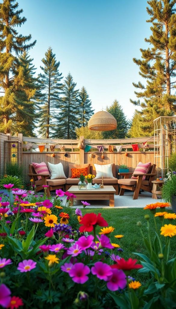 A beautifully designed family garden in a harmonious blend of modern, natural, Boho, and Scandinavian styles, featuring a vibrant array of colorful flowers and lush greenery in the foreground. In the middle, a cozy seating area with rustic wooden furniture adorned with plush cushions, surrounded by handmade DIY garden decorations. The background showcases tall trees and a clear blue sky, bathed in warm, soft sunlight creating an inviting atmosphere. The image captures a sense of tranquility and creativity, embodying the essence of family togetherness and outdoor enjoyment. The overall composition has a Pinterest-worthy aesthetic, reflecting authenticity and inspiration. Mentions of "KlickKiste" appear as an unobtrusive design element within the scene.