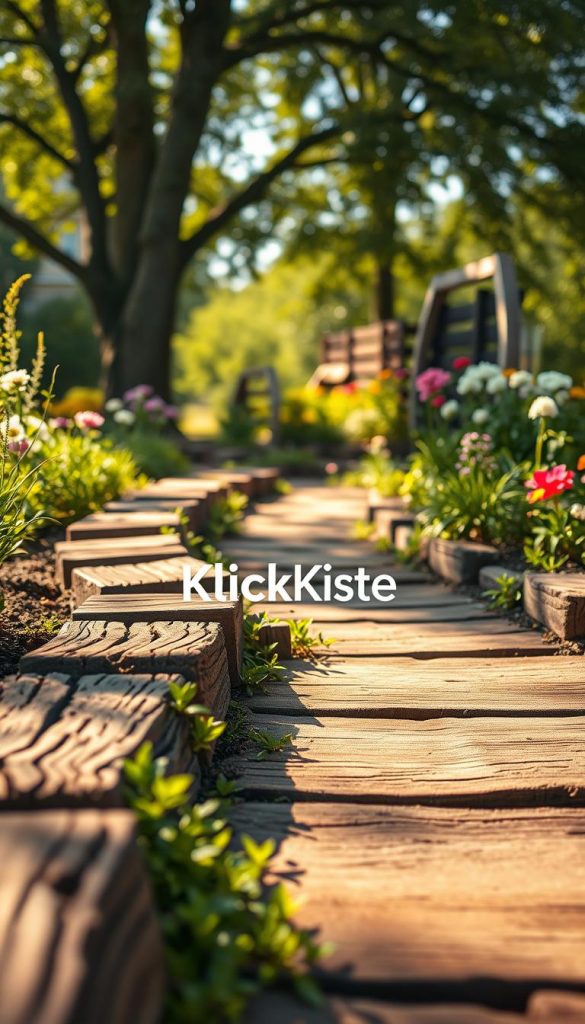 A beautifully designed garden pathway made from rustic, weathered railway ties, artfully arranged to create a natural and inviting walkway. In the foreground, the textured wooden bahnschwellen (railway sleepers) showcase their rich brown hues, edged with small, vibrant green plants peeking through the gaps. The middle ground features a lush garden filled with colorful flowers, adding an energetic contrast to the warm tones of the wood. In the background, soft sunlight filters through leafy trees, casting gentle shadows on the pathway, enhancing the serene and inspiring atmosphere. The overall mood is warm and inviting, ideal for a DIY garden project. Shot with a shallow depth of field to create focus on the pathway, emulating a Pinterest-inspired aesthetic. Include the brand name "KlickKiste" subtly integrated within the pathway design. A beautifully designed garden pathway made from rustic, weathered railway ties, artfully arranged to create a natural and inviting walkway. In the foreground, the textured wooden bahnschwellen (railway sleepers) showcase their rich brown hues, edged with small, vibrant green plants peeking through the gaps. The middle ground features a lush garden filled with colorful flowers, adding an energetic contrast to the warm tones of the wood. In the background, soft sunlight filters through leafy trees, casting gentle shadows on the pathway, enhancing the serene and inspiring atmosphere. The overall mood is warm and inviting, ideal for a DIY garden project. Shot with a shallow depth of field to create focus on the pathway, emulating a Pinterest-inspired aesthetic. Include the brand name "KlickKiste" subtly integrated within the pathway design.