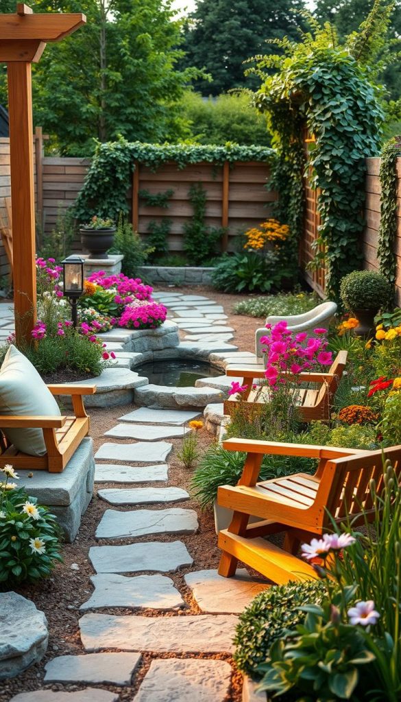 A beautifully designed garden showcasing a variety of materials such as warm wooden structures, natural stone paths, sleek concrete elements, and lush greenery. In the foreground, a charming wooden garden bench is adorned with soft, neutral-colored cushions, surrounded by an array of flowering plants. The middle ground features a sturdy stone path winding through vibrant flower beds, leading to a small pond with natural textures. In the background, a wooden trellis covered with climbing vines creates depth. The lighting is soft and warm, capturing a serene, inviting atmosphere, reminiscent of a cozy afternoon. Shot with a 35mm lens from a slightly elevated angle, this scene embodies authentic and inspiring DIY ideas, echoing the spirit of KlickKiste. A beautifully designed garden showcasing a variety of materials such as warm wooden structures, natural stone paths, sleek concrete elements, and lush greenery. In the foreground, a charming wooden garden bench is adorned with soft, neutral-colored cushions, surrounded by an array of flowering plants. The middle ground features a sturdy stone path winding through vibrant flower beds, leading to a small pond with natural textures. In the background, a wooden trellis covered with climbing vines creates depth. The lighting is soft and warm, capturing a serene, inviting atmosphere, reminiscent of a cozy afternoon. Shot with a 35mm lens from a slightly elevated angle, this scene embodies authentic and inspiring DIY ideas, echoing the spirit of KlickKiste.