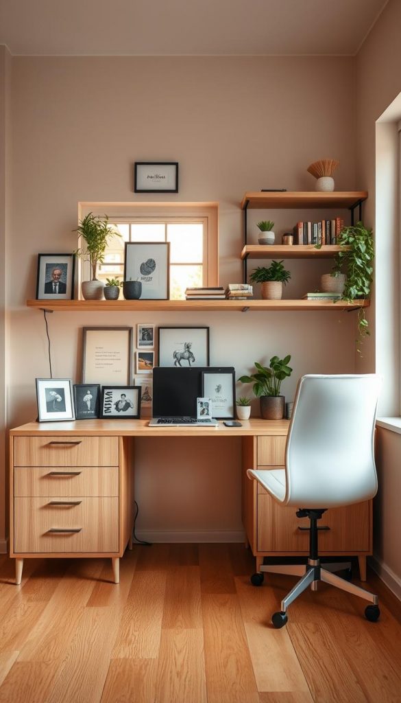A beautifully designed home office space featuring a modern "stauraum" with sleek, handleless drawers and open shelving. In the foreground, a stylish Kommode made of light wood with clean lines complements an organized workspace, showcasing inspirational decor. The middle layer includes open shelves elegantly displaying potted plants, books, and artistic items, enhancing the room's functionality and aesthetic. The background reveals a softly lit window allowing warm, natural light to flood the room, creating an inviting atmosphere. The overall mood is cozy and inspirational, perfect for a creative work environment. The space reflects the brand KlickKiste with an authentic Pinterest-inspired look, using warm colors and a minimalist design that promotes clarity and organization.