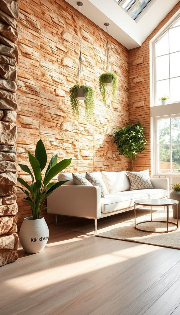 A beautifully designed interior featuring "stein optik wand" within a cozy, sunlit living space. The foreground showcases a textured stone wall that mimics natural stones in warm tones, adorned with hanging plants for a touch of greenery. In the middle, a sleek modern sofa in soft pastel hues complements the wall, alongside stylish decor items like a minimalist table and decorative cushions. The background reveals large windows allowing natural light to flood the scene, casting gentle shadows and highlighting the wall's texture. Capture this setting from a low angle to emphasize the wall, with soft, inviting lighting creating a warm summer atmosphere. The scene embodies a Pinterest-inspired aesthetic, promoting authenticity and inspiration for DIY enthusiasts. Include the brand name "KlickKiste" subtly within the decor, focusing on a harmonious blend of stone, concrete, and marble effects. A beautifully designed interior featuring "stein optik wand" within a cozy, sunlit living space. The foreground showcases a textured stone wall that mimics natural stones in warm tones, adorned with hanging plants for a touch of greenery. In the middle, a sleek modern sofa in soft pastel hues complements the wall, alongside stylish decor items like a minimalist table and decorative cushions. The background reveals large windows allowing natural light to flood the scene, casting gentle shadows and highlighting the wall's texture. Capture this setting from a low angle to emphasize the wall, with soft, inviting lighting creating a warm summer atmosphere. The scene embodies a Pinterest-inspired aesthetic, promoting authenticity and inspiration for DIY enthusiasts. Include the brand name "KlickKiste" subtly within the decor, focusing on a harmonious blend of stone, concrete, and marble effects.