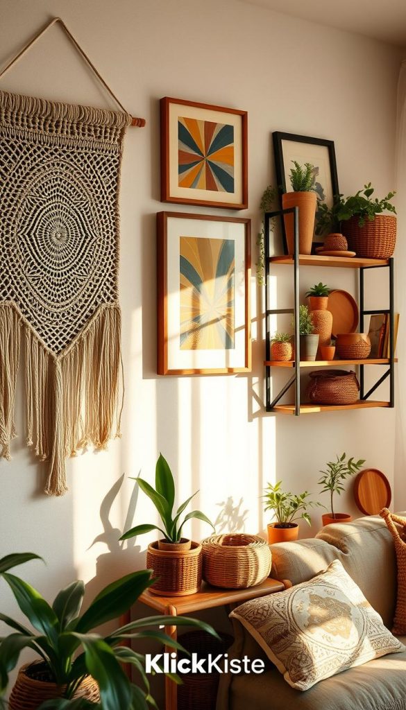 A beautifully designed interior wall showcasing various DIY Boho projects, creating a cozy and inviting atmosphere. In the foreground, display a textured macramé wall hanging with intricate patterns, along with some colorful wall art, framed in natural wood. The middle ground features shelves adorned with potted plants, handmade pottery, and woven baskets, thoughtfully arranged to enhance the bohemian aesthetic. In the background, soft, diffused natural light filters through sheer curtains, casting warm shadows across the room, amplifying the inviting and relaxed vibe. The image should suggest authenticity and inspiration, resonating with the warm tones of earthy colors. The design should reflect the essence of DIY creativity while featuring the brand name "KlickKiste" subtly integrated into the overall composition.