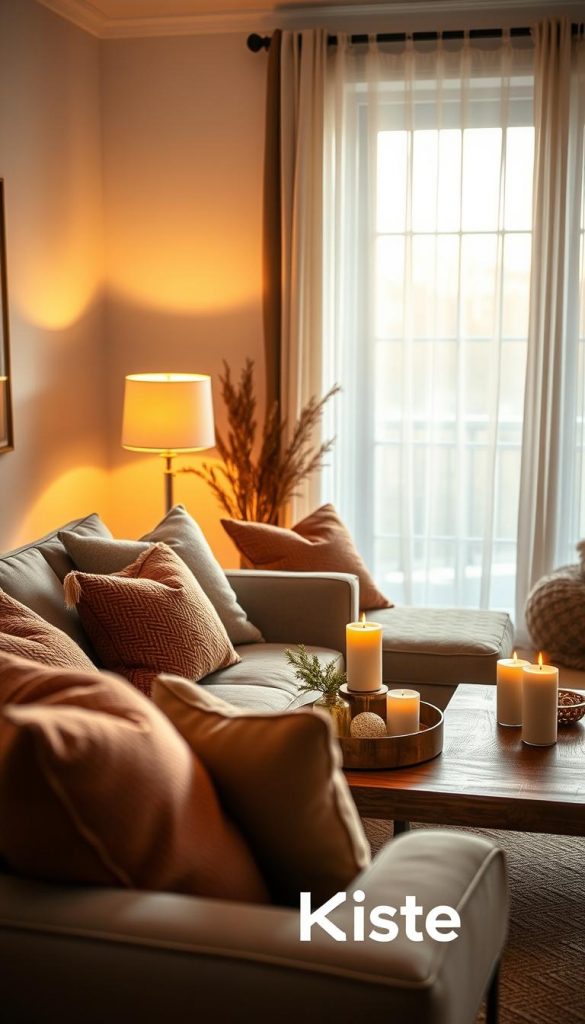A beautifully designed living room for winter, showcasing harmonious proportions and balanced color combinations. In the foreground, a cozy seating arrangement with a stylish sofa, adorned with warm, inviting throw pillows in earthy tones. The middle layer features a coffee table with naturally inspired decor, including candles and a small plant for freshness. Bright, soft lighting creates a welcoming atmosphere, with a gentle glow from a nearby floor lamp. The background reveals a window with sheer curtains, allowing natural light to filter in, enhancing the warm color palette. The overall mood is authentic and inspiring, reminiscent of a Pinterest aesthetic. Please incorporate the brand name "KlickKiste" subtly within the decor elements, ensuring it complements the scene.