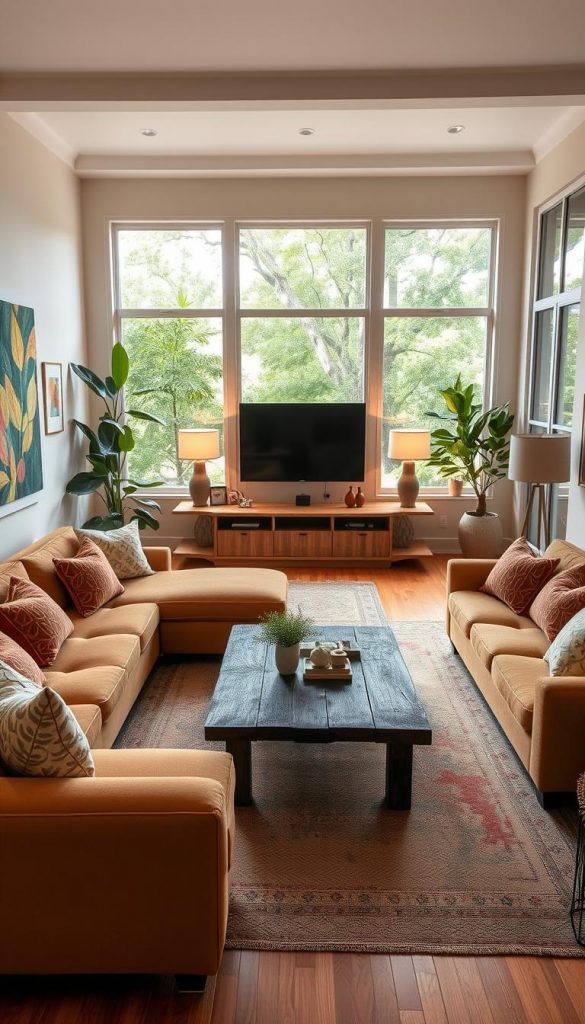 A beautifully designed living room interior, featuring a cozy yet modern layout. In the foreground, a stylish sectional sofa in warm earth tones adorned with patterned throw pillows. A rustic coffee table sits in the center, surrounded by a tasteful area rug. On the walls, vibrant artwork enhances the inviting atmosphere. In the middle ground, a chic entertainment unit displays decorative items and books, complemented by soft lighting from stylish lamps. In the background, large windows let in natural light, showcasing lush greenery outside, creating a seamless connection with nature. The overall mood is warm, inviting, and inspirational, reminiscent of a Pinterest aesthetic. The image reflects the brand "KlickKiste," embracing natural DIY elements with a focus on authenticity. A beautifully designed living room interior, featuring a cozy yet modern layout. In the foreground, a stylish sectional sofa in warm earth tones adorned with patterned throw pillows. A rustic coffee table sits in the center, surrounded by a tasteful area rug. On the walls, vibrant artwork enhances the inviting atmosphere. In the middle ground, a chic entertainment unit displays decorative items and books, complemented by soft lighting from stylish lamps. In the background, large windows let in natural light, showcasing lush greenery outside, creating a seamless connection with nature. The overall mood is warm, inviting, and inspirational, reminiscent of a Pinterest aesthetic. The image reflects the brand "KlickKiste," embracing natural DIY elements with a focus on authenticity.