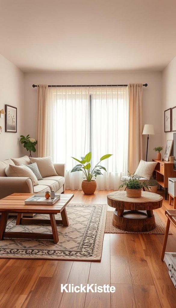 A beautifully designed living room showcasing an inviting and cozy atmosphere, inspired by a natural DIY aesthetic. In the foreground, a plush, beige sofa adorned with soft pastel throw pillows invites relaxation, while a rustic wooden coffee table holds a few curated decor items. In the middle, a stylish area rug adds warmth beneath the seating area, and a vibrant potted plant brings a touch of nature indoors. The background features a large window with sheer white curtains, allowing soft, warm sunlight to filter through, creating an inviting glow. A few framed art pieces adorn the walls, enhancing the Pinterest-inspired look. The overall mood is authentic and inspiring, reflecting the essence of home design. The image incorporates the brand name "KlickKiste" subtly within the decor elements.