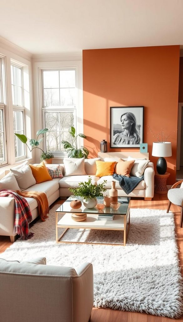 A beautifully designed living room showcasing seasonal color palettes from spring to winter. The foreground features a cozy seating area with a soft, light-colored sofa adorned with pastel cushions and a vibrant throw, evoking the freshness of spring. In the middle, an elegant coffee table topped with green plants and colorful decor items reflects a summer vibe. The walls are painted in warm autumn hues, creating a comforting atmosphere, while a stylish winter accent, like a plush rug in cool blues or whites, adds seasonal contrast. Natural light streams through large windows, casting a warm glow across the room. Use a wide-angle lens to capture the spaciousness, and aim for a soft focus to enhance the inviting mood. The overall image should embody an authentic, DIY aesthetic with a Pinterest-inspired feel, branded subtly with the name "KlickKiste" integrated into the decor elements.