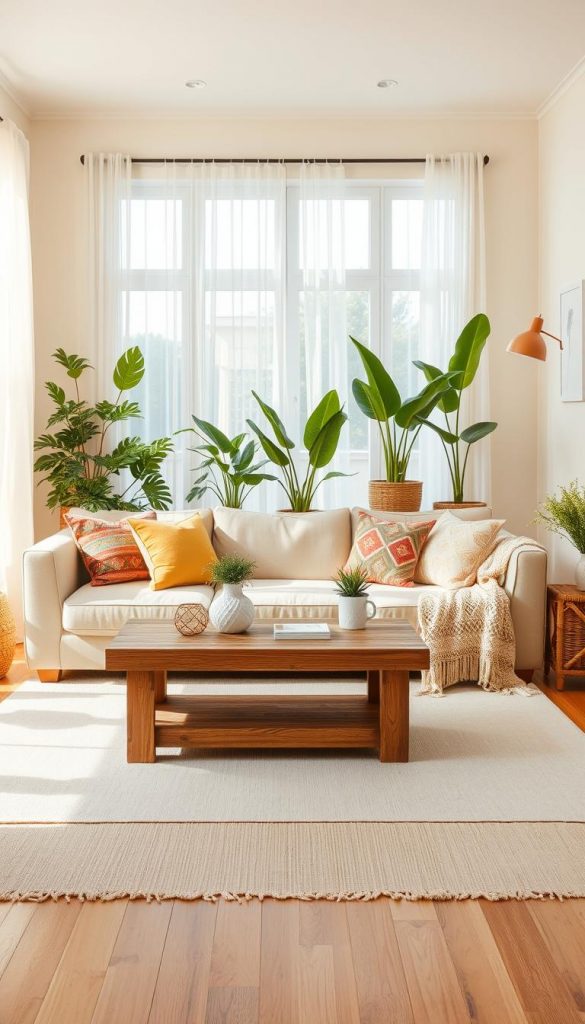 A beautifully designed living room showcasing the concept of "light and cozy summer decor." In the foreground, an inviting seating area features a soft, neutral-toned sofa adorned with colorful throw pillows and a lightweight, woven blanket. A rustic wooden coffee table sits atop a light, airy rug, displaying a few tasteful summer-themed decor items. In the middle, large windows let in an abundance of natural light, surrounded by sheer curtains that gently flutter in a warm breeze. Potted green plants add life to the space, while a few stylish, minimalistic light fixtures illuminate the room softly, enhancing the cozy atmosphere. In the background, light pastel walls contribute to the overall freshness. This scene, inspired by KlikKiste, embodies a natural DIY aesthetic with warm colors, creating an authentic and inspiring environment.