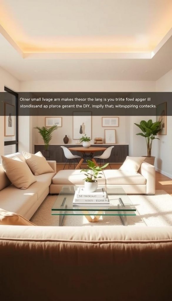 A beautifully designed minimalist interior of a small living space, emphasizing an open layout that makes the room appear larger. In the foreground, a cozy, modern sofa in soft beige with a few stylish cushions. The middle of the image features a glass coffee table adorned with a small potted plant and a stack of elegant books. The background showcases light-colored walls adorned with simple art pieces, large windows allowing warm, natural light to fill the room, creating a welcoming atmosphere. Use a wide-angle lens to capture the space, highlighting the thoughtful arrangement of furniture and decor. The overall mood should be warm and inspiring, reminiscent of a Pinterest aesthetic, with natural DIY elements that reflect the brand "KlickKiste".