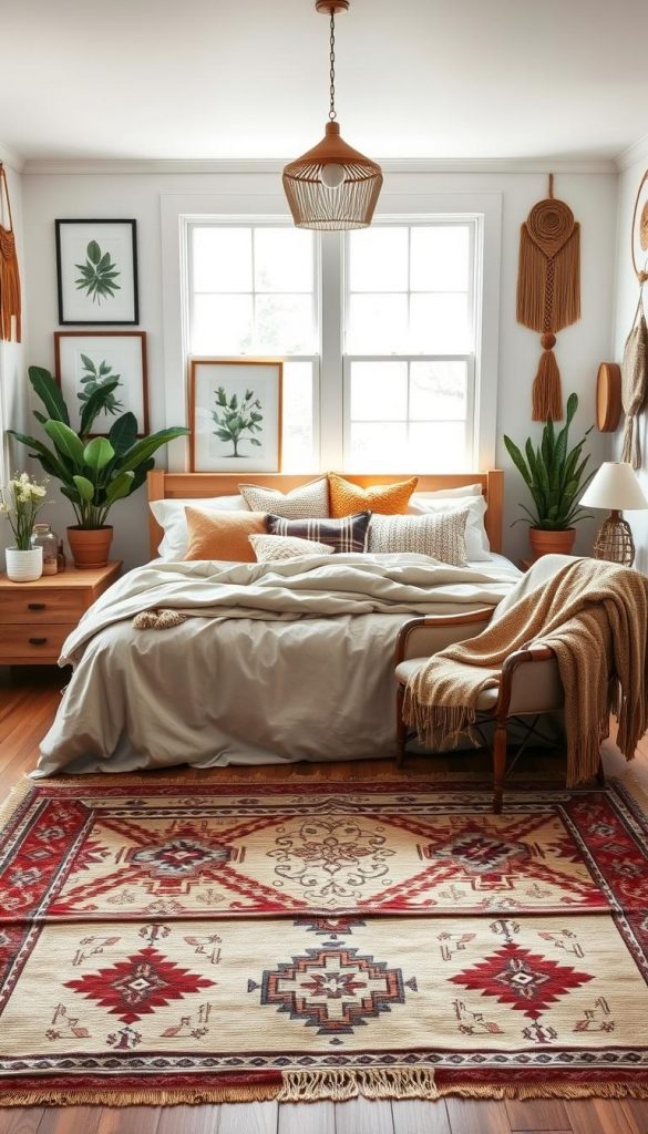 A beautifully designed mixed-style bedroom featuring a blend of Scandinavian, Bohemian, Maximalist, and Castlecore aesthetics, utilizing natural materials. In the foreground, a cozy bed with layered soft blankets and an array of textured pillows in warm earthy tones. On either side, wooden nightstands adorned with potted plants and artisan decorative pieces. The middle ground showcases a stylish area rug with bold patterns and a vintage armchair draped in cozy throws. The walls are decorated with a mix of framed nature-inspired art and eclectic wall hangings. In the background, large windows bathe the room in soft, natural light, illuminating the space with a warm and inviting atmosphere. The overall scene is authentic and inspiring, capturing a Pinterest-worthy look. Designed for KlickKiste. A beautifully designed mixed-style bedroom featuring a blend of Scandinavian, Bohemian, Maximalist, and Castlecore aesthetics, utilizing natural materials. In the foreground, a cozy bed with layered soft blankets and an array of textured pillows in warm earthy tones. On either side, wooden nightstands adorned with potted plants and artisan decorative pieces. The middle ground showcases a stylish area rug with bold patterns and a vintage armchair draped in cozy throws. The walls are decorated with a mix of framed nature-inspired art and eclectic wall hangings. In the background, large windows bathe the room in soft, natural light, illuminating the space with a warm and inviting atmosphere. The overall scene is authentic and inspiring, capturing a Pinterest-worthy look. Designed for KlickKiste.