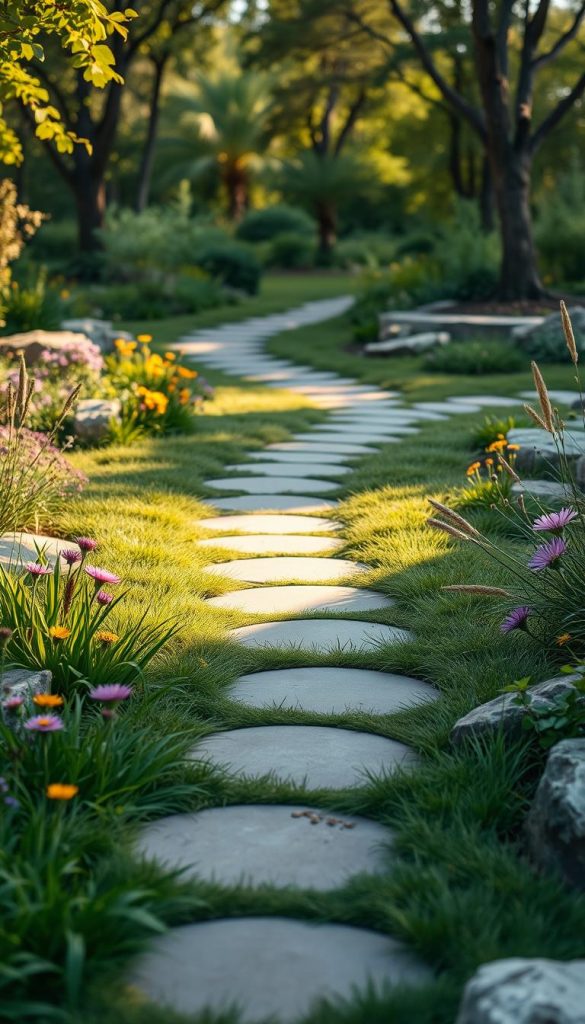 A beautifully designed modern garden pathway showcasing playful forms and geometric shapes. In the foreground, vivid circular stone pavers are intricately arranged among lush green grass and colorful wildflowers, creating an inviting entrance. The middle ground features gently curving paths made of natural stones, flowing seamlessly with overlapping circles and smooth arcs, leading the eye through the garden. In the background, a serene woodland area provides a soft focus with dappled sunlight filtering through tree leaves, enhancing the warm, inviting atmosphere. The scene is bathed in soft, golden hour light, emphasizing the textures of the stones and plants. The overall mood is tranquil and inspiring, perfect for a DIY garden setting by "KlickKiste". A beautifully designed modern garden pathway showcasing playful forms and geometric shapes. In the foreground, vivid circular stone pavers are intricately arranged among lush green grass and colorful wildflowers, creating an inviting entrance. The middle ground features gently curving paths made of natural stones, flowing seamlessly with overlapping circles and smooth arcs, leading the eye through the garden. In the background, a serene woodland area provides a soft focus with dappled sunlight filtering through tree leaves, enhancing the warm, inviting atmosphere. The scene is bathed in soft, golden hour light, emphasizing the textures of the stones and plants. The overall mood is tranquil and inspiring, perfect for a DIY garden setting by "KlickKiste".