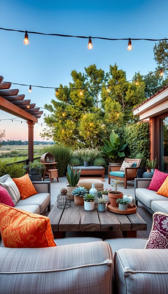 A beautifully designed outdoor living room for 2026, showcasing a harmonious blend of contemporary furniture and natural materials. In the foreground, plush, neutral-toned seating with vibrant, textured cushions invites relaxation. The middle ground features a rustic wooden coffee table adorned with potted plants and creative decor elements from "KlickKiste." Surrounding the area are lush greenery and ambient lighting strung overhead, casting a warm, inviting glow. In the background, a clear blue sky and distant trees create a tranquil atmosphere. The scene should convey an authentic, Pinterest-inspired vibe, emphasizing warm colors and a cozy, inviting mood, perfect for outdoor gatherings. Capture the image from a slight angle to enhance depth and perspective, ensuring a balanced composition that showcases the beauty of outdoor design in 2026.
