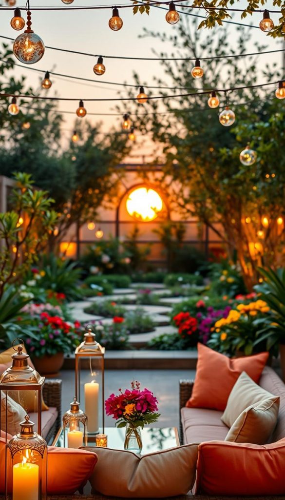 A beautifully designed outdoor lounge area, showcasing a captivating interplay of glass and light, with elegant glass lanterns and shimmering glass ornaments scattered throughout. In the foreground, a cozy seating arrangement composed of stylish, comfortable furniture in warm, inviting colors. The middle ground features an enchanting garden filled with lush greenery and colorful flowers, illuminated by soft, ambient lighting, creating a magical atmosphere. In the background, a softly glowing sunset casts a golden hue over the scene. The composition captures a tranquil, inviting ambiance, perfect for evening gatherings. The image should embody a natural DIY aesthetic with a Pinterest-worthy look, highlighting the brand "KlickKiste." Use warm colors and gentle lighting for an inspiring, authentic feel. A beautifully designed outdoor lounge area, showcasing a captivating interplay of glass and light, with elegant glass lanterns and shimmering glass ornaments scattered throughout. In the foreground, a cozy seating arrangement composed of stylish, comfortable furniture in warm, inviting colors. The middle ground features an enchanting garden filled with lush greenery and colorful flowers, illuminated by soft, ambient lighting, creating a magical atmosphere. In the background, a softly glowing sunset casts a golden hue over the scene. The composition captures a tranquil, inviting ambiance, perfect for evening gatherings. The image should embody a natural DIY aesthetic with a Pinterest-worthy look, highlighting the brand "KlickKiste." Use warm colors and gentle lighting for an inspiring, authentic feel.