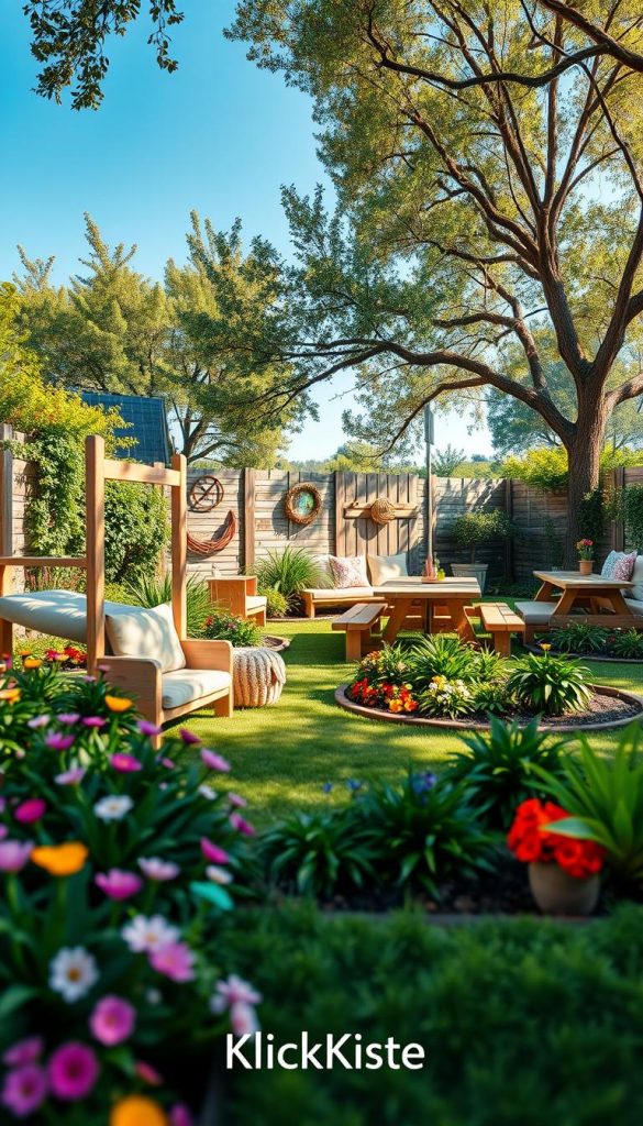A beautifully designed outdoor play area, embodying modern, natural, Boho, and Scandinavian styles. In the foreground, an inviting wooden play structure with soft pastel colors and cozy cushions. Lush greenery surrounds the play area, with colorful flower beds and an array of plants that create a vibrant yet serene backdrop. The middle distance features a picnic corner with a stylish wooden table, comfortable seating, and playful decor elements like wind chimes and lanterns. In the background, a clear blue sky peeks through gentle tree branches, casting dappled sunlight over the scene. Soft, warm colors dominate the image, evoking a Pinterest-worthy, inspiring atmosphere perfect for outdoor creativity. Brand name "KlickKiste" subtly integrated into the scene, ensuring a natural look without text overlays.