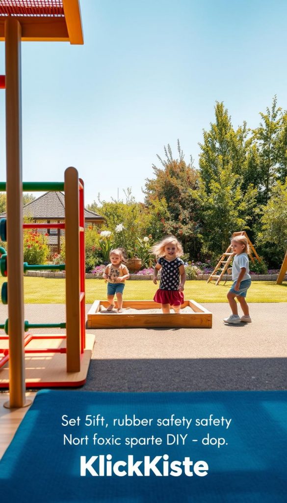A beautifully designed outdoor playground that emphasizes safety, with soft rubber flooring and sturdy wooden structures. In the foreground, a colorful climbing frame made from durable, non-toxic materials, surrounded by padded mats. In the middle ground, a small sandbox bordered with wooden planks, inviting children to play. A few children, dressed in modest casual clothing, can be seen enjoying the space, their laughter echoing with joy. In the background, a sun-dappled garden filled with lush greenery and vibrant flowers, all under a clear blue sky. The scene is lit with warm sunlight, creating a cheerful and inviting atmosphere. The overall aesthetic captures a natural DIY look with warm colors, reflecting the brand 'KlickKiste'.