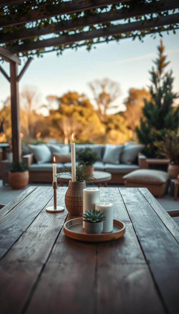A beautifully designed outdoor space that embodies the principles of "gestaltung", with a harmonious blend of natural elements and decor. In the foreground, a stylish wooden table adorned with tasteful, minimalist decor items like candles and potted plants, all in warm, earthy tones. The middle ground features a cozy seating area with cushions that offer comfort without overwhelming the senses, surrounded by carefully selected greenery. In the background, softly blurred trees and a clear blue sky invite a sense of tranquility. The lighting is warm and inviting, reminiscent of a late afternoon sun, casting a gentle glow over the scene. The overall mood is calm, sophisticated, and inspiring, embodying the aesthetic of KlickKiste with an authentic Pinterest-worthy appeal that avoids clutter and chaos. A beautifully designed outdoor space that embodies the principles of "gestaltung", with a harmonious blend of natural elements and decor. In the foreground, a stylish wooden table adorned with tasteful, minimalist decor items like candles and potted plants, all in warm, earthy tones. The middle ground features a cozy seating area with cushions that offer comfort without overwhelming the senses, surrounded by carefully selected greenery. In the background, softly blurred trees and a clear blue sky invite a sense of tranquility. The lighting is warm and inviting, reminiscent of a late afternoon sun, casting a gentle glow over the scene. The overall mood is calm, sophisticated, and inspiring, embodying the aesthetic of KlickKiste with an authentic Pinterest-worthy appeal that avoids clutter and chaos.