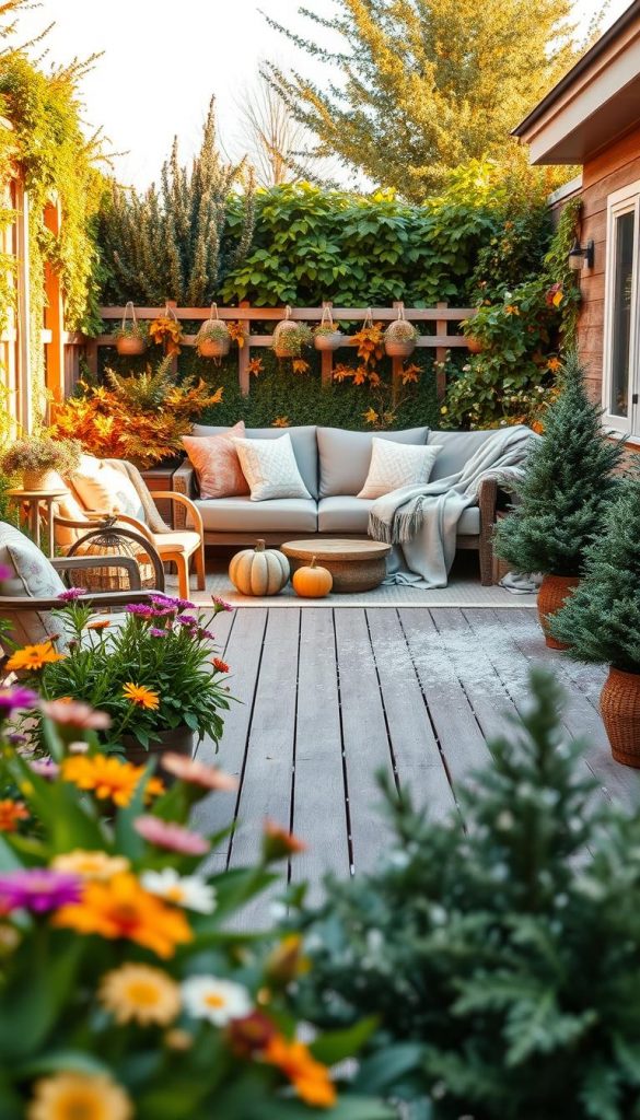 A beautifully designed seasonal garden lounge that reflects the essence of each season, transitioning from vibrant spring blooms with colorful flowers and soft green foliage in the foreground, to a cozy summer setting with plush seating surrounded by lush greenery. In the middle, depict a serene autumnal area with warm-toned leaves, pumpkins, and cozy throws draping the furniture. In the background, illustrate a winter scene with delicate snowflakes dusting a rustic wooden deck and evergreen plants, creating a peaceful atmosphere. The lighting should be warm and inviting, resembling the golden hour with soft sunlight casting gentle shadows. Use a wide-angle lens for a spacious feel, and evoke a tranquil, inspirational mood, showcasing the brand "KlickKiste" to highlight natural DIY aesthetics with a Pinterest-worthy appeal. A beautifully designed seasonal garden lounge that reflects the essence of each season, transitioning from vibrant spring blooms with colorful flowers and soft green foliage in the foreground, to a cozy summer setting with plush seating surrounded by lush greenery. In the middle, depict a serene autumnal area with warm-toned leaves, pumpkins, and cozy throws draping the furniture. In the background, illustrate a winter scene with delicate snowflakes dusting a rustic wooden deck and evergreen plants, creating a peaceful atmosphere. The lighting should be warm and inviting, resembling the golden hour with soft sunlight casting gentle shadows. Use a wide-angle lens for a spacious feel, and evoke a tranquil, inspirational mood, showcasing the brand "KlickKiste" to highlight natural DIY aesthetics with a Pinterest-worthy appeal.