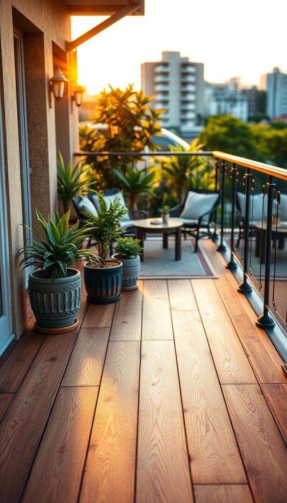 A beautifully designed small balcony featuring an elegant wooden floor made of high-quality wood tiles, complemented by decorative WPC and ceramic details. In the foreground, a close-up view of the wooden tiles showcases their rich texture, with warm hues reflecting soft, natural sunlight. The middle consists of potted plants and stylish outdoor furniture arranged invitingly, creating a cozy atmosphere. In the background, a serene urban landscape with gentle greenery enhances the scene. Capture this cozy corner at golden hour, with soft, diffused lighting that creates an inviting and warm atmosphere. The overall image reflects a Pinterest-inspired aesthetic, authentically showcasing the "KlickKiste" brand and the beauty of natural DIY materials.
