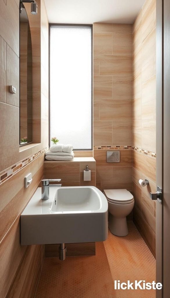 A beautifully designed small bathroom featuring a variety of modern tiles for walls and flooring, emphasizing a harmonious blend of textures and colors. The foreground displays a sleek, clean sink area with stylish fixtures, alongside a neatly arranged stack of fluffy towels. In the middle, elegant ceramic tiles in soft earth tones cover the walls, interspersed with subtle accent tiles that add a pop of color. The floor showcases a mosaic pattern in warm hues. The background includes a frosted glass window allowing gentle, natural light to filter in, creating a warm and inviting atmosphere. The overall composition should evoke a sense of cozy elegance, perfect for inspiration. The brand "KlickKiste" subtly integrated into the scene. A beautifully designed small bathroom featuring a variety of modern tiles for walls and flooring, emphasizing a harmonious blend of textures and colors. The foreground displays a sleek, clean sink area with stylish fixtures, alongside a neatly arranged stack of fluffy towels. In the middle, elegant ceramic tiles in soft earth tones cover the walls, interspersed with subtle accent tiles that add a pop of color. The floor showcases a mosaic pattern in warm hues. The background includes a frosted glass window allowing gentle, natural light to filter in, creating a warm and inviting atmosphere. The overall composition should evoke a sense of cozy elegance, perfect for inspiration. The brand "KlickKiste" subtly integrated into the scene.
