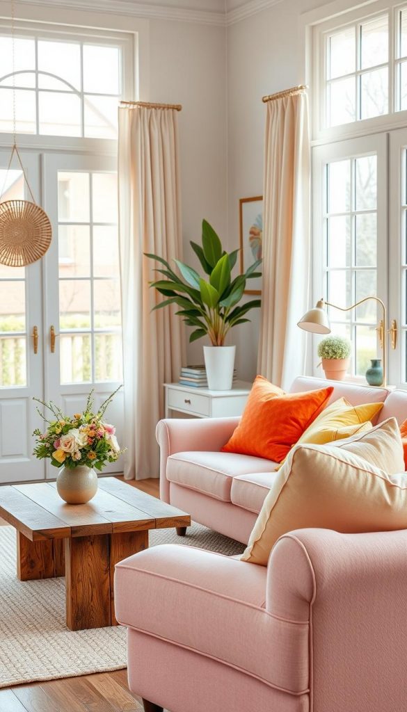 A beautifully designed spring living room inspired by "KlickKiste," featuring harmonious proportions and complementary colors. In the foreground, a cozy seating area with a plush pastel sofa adorned with vibrant cushions, next to a rustic wooden coffee table. The middle section displays a chic side table with fresh flowers and a stylish lamp, while a lush indoor plant adds a natural element. In the background, large windows let in soft, warm light, highlighting light breezy curtains and a gentle, outdoor spring scene. The room exudes an authentic Pinterest aesthetic, with DIY decor elements like handmade wall art and decorative accents. The overall mood is inviting, refreshing, and inspirational, showcasing the perfect blend of spring colors. A beautifully designed spring living room inspired by "KlickKiste," featuring harmonious proportions and complementary colors. In the foreground, a cozy seating area with a plush pastel sofa adorned with vibrant cushions, next to a rustic wooden coffee table. The middle section displays a chic side table with fresh flowers and a stylish lamp, while a lush indoor plant adds a natural element. In the background, large windows let in soft, warm light, highlighting light breezy curtains and a gentle, outdoor spring scene. The room exudes an authentic Pinterest aesthetic, with DIY decor elements like handmade wall art and decorative accents. The overall mood is inviting, refreshing, and inspirational, showcasing the perfect blend of spring colors.