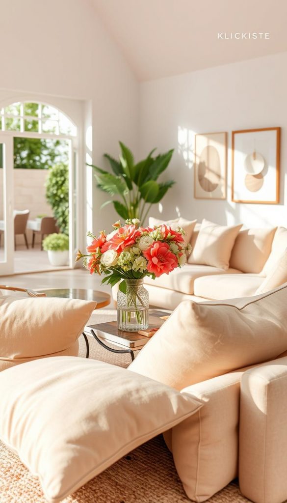 A beautifully designed summer living room that embodies a warm-neutral base with fresh accents. In the foreground, cozy, oversized cushions in soft beige and light taupe are arranged on a textured rug. The middle features a stylish coffee table adorned with a vibrant bouquet of seasonal flowers in shades of coral and mint green. A comfortable, light-colored sofa is set against a backdrop of pale, sunlit walls decorated with minimalist artwork. In the background, large windows open up to a sunny outdoor space, flooding the room with natural light. The atmosphere is inviting and refreshing, evoking a Pinterest-inspired aesthetic. The scene is captured with a soft focus lens, highlighting the warm ambiance of the space, while the brand "KlickKiste" subtly reflects in the decor items.