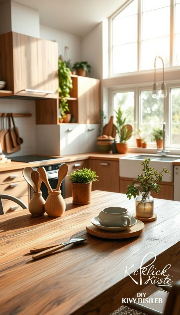A beautifully designed sustainable kitchen reflecting modern, natural, Boho, and Scandinavian styles using eco-friendly materials. In the foreground, display a rustic wooden table adorned with kitchen tools made from bamboo and stainless steel. The middle ground features cabinets with a combination of light wood and a matte white finish, accented with plants in terracotta pots, enhancing the natural vibe. In the background, large windows let in warm, natural light, illuminating the space with a cozy atmosphere. The color palette includes earthy tones like greens, browns, and soft whites, creating an inviting and harmonious environment. The overall mood is warm and inspiring, perfect for a DIY project setting. Showcase a stylish logo of "KlickKiste" subtly on one side, ensuring it blends seamlessly with the kitchen aesthetic.