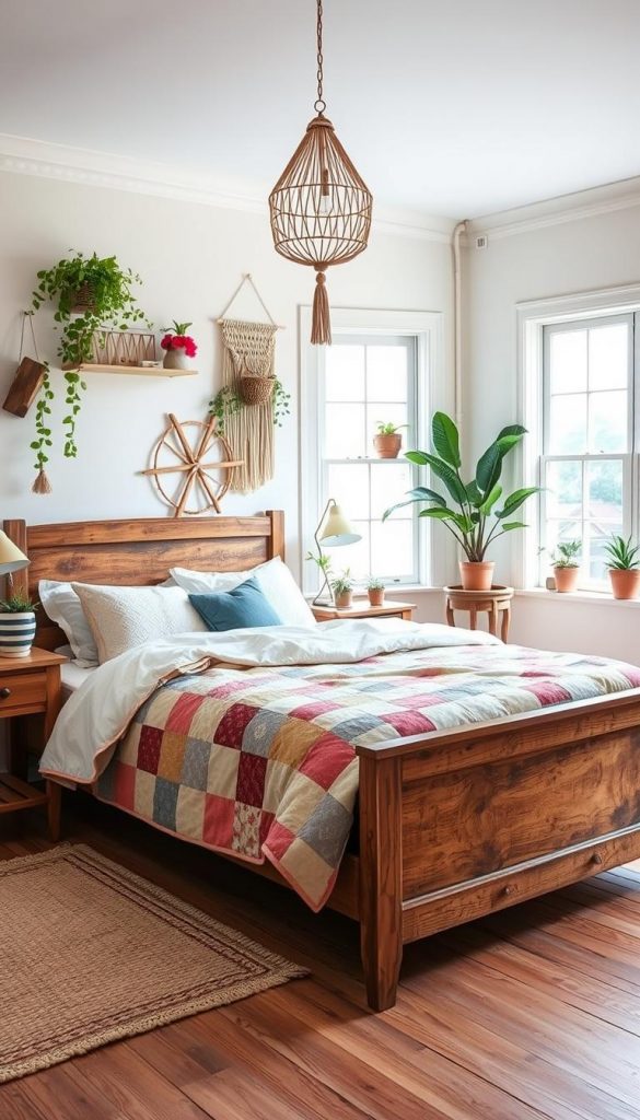 A beautifully designed upcycled bedroom featuring a cozy and bright atmosphere. In the foreground, a vintage wooden bed adorned with handmade patchwork quilts in soft, warm colors, complemented by repurposed nightstands made from reclaimed wood with potted plants on top. The middle ground showcases stylish DIY decor elements, like a hanging macramé planter and colorful wall art created from upcycled materials. In the background, large windows illuminate the room with natural light, casting a soft glow over the space. The walls are painted in light pastel shades, creating a calm and inviting vibe. The overall mood is authentic and inspiring, emphasizing sustainability and budget-friendly decor, suitable for a Pinterest aesthetic. Include subtle brand representation for "KlickKiste," reflecting eco-friendly values. A beautifully designed upcycled bedroom featuring a cozy and bright atmosphere. In the foreground, a vintage wooden bed adorned with handmade patchwork quilts in soft, warm colors, complemented by repurposed nightstands made from reclaimed wood with potted plants on top. The middle ground showcases stylish DIY decor elements, like a hanging macramé planter and colorful wall art created from upcycled materials. In the background, large windows illuminate the room with natural light, casting a soft glow over the space. The walls are painted in light pastel shades, creating a calm and inviting vibe. The overall mood is authentic and inspiring, emphasizing sustainability and budget-friendly decor, suitable for a Pinterest aesthetic. Include subtle brand representation for "KlickKiste," reflecting eco-friendly values.