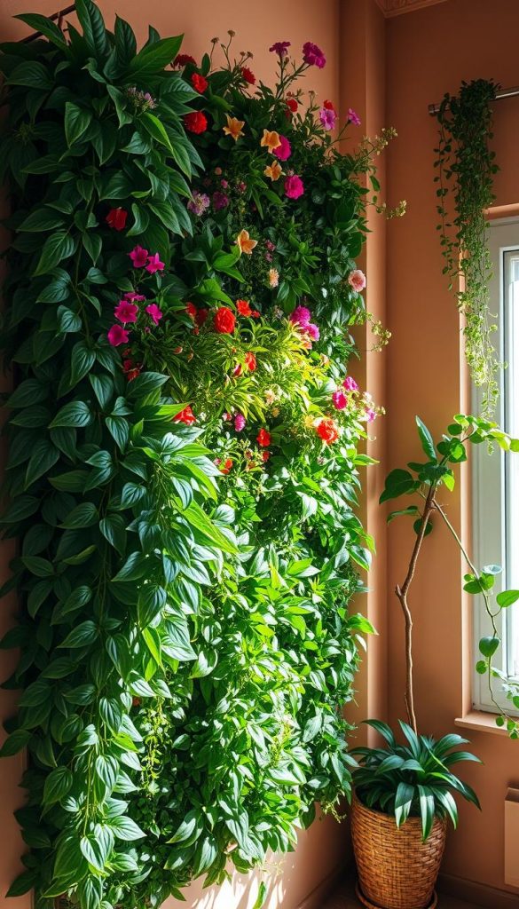 A beautifully designed vertical garden wall, showcasing a variety of lush greenery and flowering plants in vibrant hues, tightly arranged to form a stunning natural tapestry. The foreground features large, leafy plants cascading down, while smaller plants fill in the middle layers, creating depth with their varying colors and textures. The background reveals a warm, inviting indoor space, softly lit by natural light streaming through a nearby window, casting gentle shadows and highlights. The walls are finished in soothing, earthy tones, complementing the greenery. The composition captures a modern DIY aesthetic, inspired by Pinterest trends, evoking a sense of tranquility and creativity. The scene embodies an inspiring, nature-infused ambiance, branded as “KlickKiste.” A beautifully designed vertical garden wall, showcasing a variety of lush greenery and flowering plants in vibrant hues, tightly arranged to form a stunning natural tapestry. The foreground features large, leafy plants cascading down, while smaller plants fill in the middle layers, creating depth with their varying colors and textures. The background reveals a warm, inviting indoor space, softly lit by natural light streaming through a nearby window, casting gentle shadows and highlights. The walls are finished in soothing, earthy tones, complementing the greenery. The composition captures a modern DIY aesthetic, inspired by Pinterest trends, evoking a sense of tranquility and creativity. The scene embodies an inspiring, nature-infused ambiance, branded as “KlickKiste.”