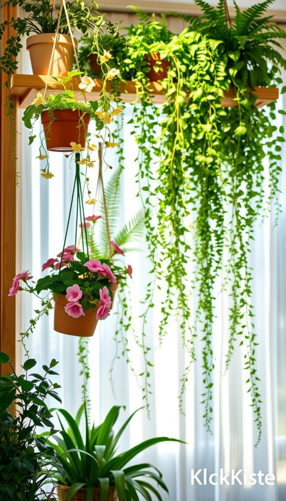 A beautifully designed vertical nature display that embodies a light and airy summer atmosphere, showcasing a variety of lush green plants cascading down from a wooden shelf. In the foreground, delicate flowers in vibrant colors, like soft pinks and yellows, are artistically arranged among hanging planters. The middle ground features tall ferns and trailing vines, creating depth and a sense of verticality, while the background presents a soft-focus view of a sunlit room filled with natural light streaming through sheer curtains. The mood is fresh and inspiring, perfect for a warm summer day. Use warm colors and a Pinterest-inspired aesthetic to highlight a DIY look. Ensure the overall composition feels authentic and visually appealing, branded with the "KlickKiste" touch.
