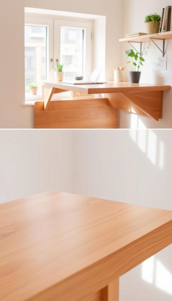 A beautifully designed "wandklapptisch" (folding wall table) from the brand KlickKiste, showcasing a versatile workspace perfect for small rooms. In the foreground, the table is folded down, revealing a smooth, polished wooden surface with warm, inviting tones and a simple yet elegant design. The middle of the scene includes a cozy, minimalist room with soft, natural lighting filtering through a nearby window, highlighting the textures of the table and surrounding decor. In the background, there are light-colored walls and modest shelving with plants and books, creating an inspiring and inviting atmosphere. The composition captures a peaceful DIY workspace, encouraging creativity and functionality in compact living spaces.